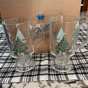 Vintage 1995 Avon Glass Glasses Christmas Irish Coffee Mug Set of 2 BRAND NEW